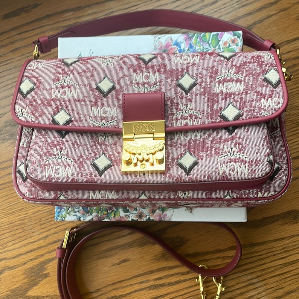 MCM VINTAGE JAQUARD MONOGRAM LEATHER STRAP TWO WAY BAG